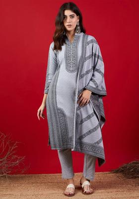 Grey Printed Wool Blend Kurta Set