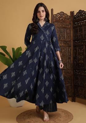 Navy Blue Printed Cotton Kurta Set
