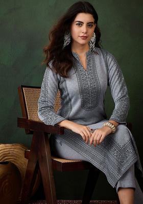 Grey Woven Design Wool Blend Kurta Set