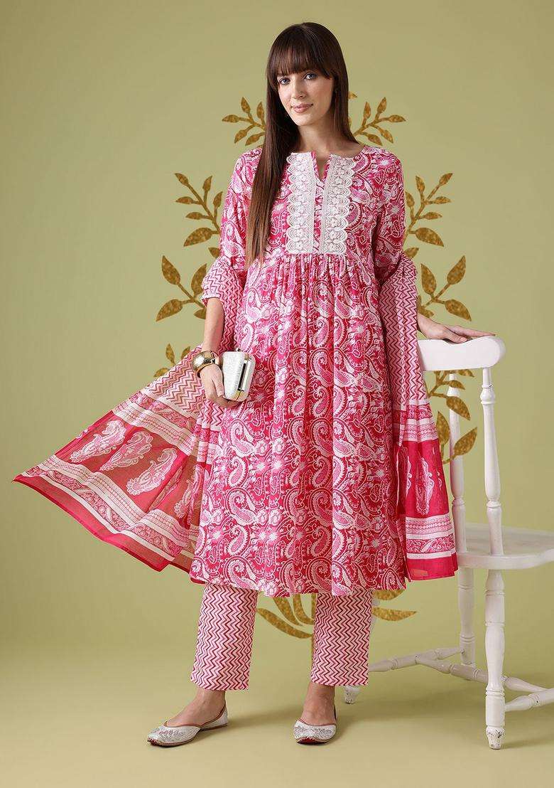 Pink Printed Cotton Kurta Set - Indya