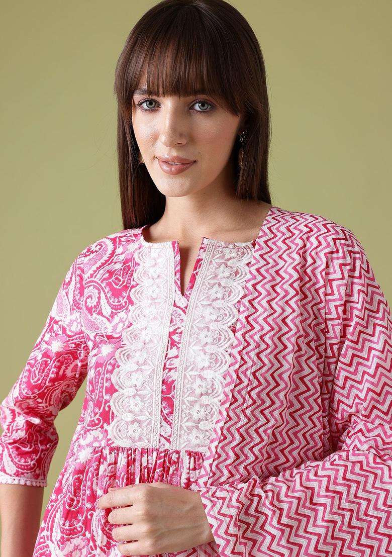 Pink Printed Cotton Kurta Set - Indya