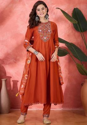 Orange Yoke Design Silk Blend Anarkali Set