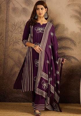 Purple Printed Cotton Kurta Set