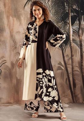 Beige Printed Viscose Kurta Set