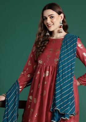 Maroon Printed Polyester Kurta Set