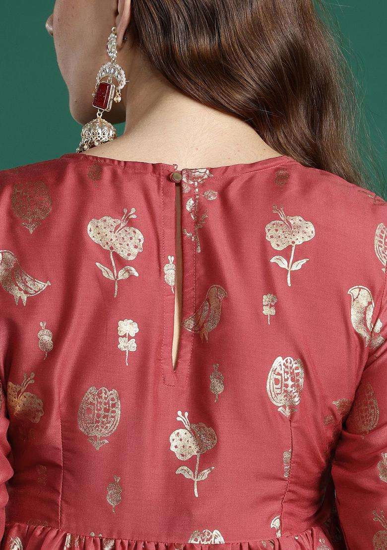 Maroon Printed Polyester Kurta Set - Indya