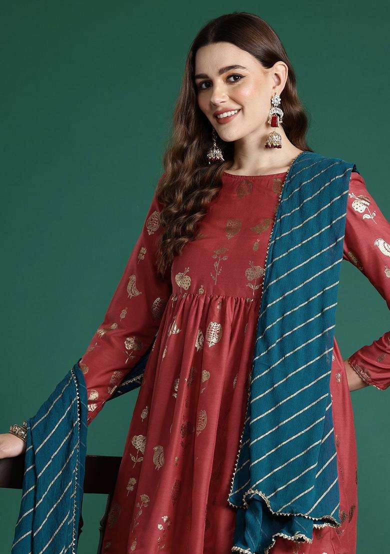 Maroon Printed Polyester Kurta Set - Indya