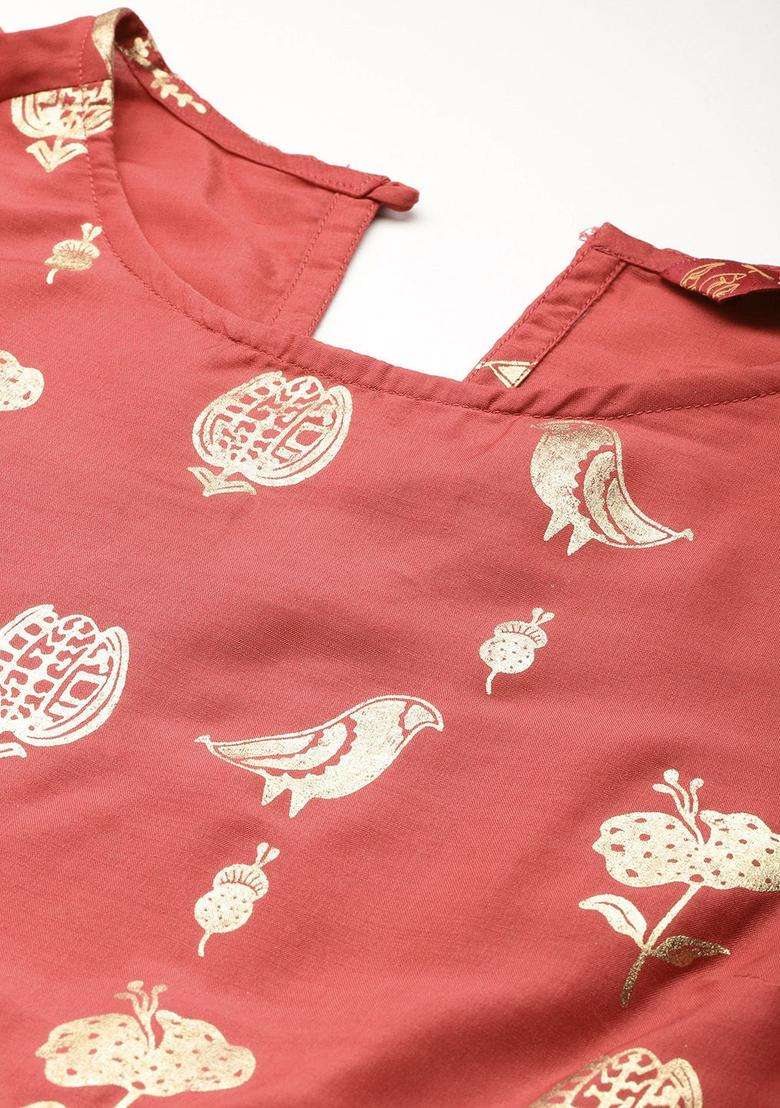 Maroon Printed Polyester Kurta Set - Indya
