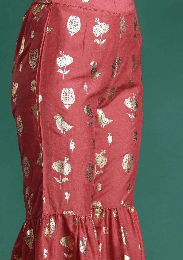 Maroon Printed Polyester Kurta Set - Indya