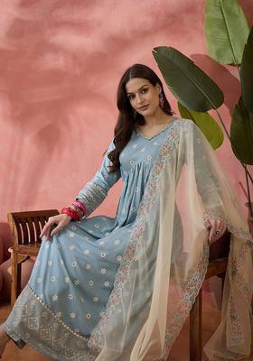 Blue Printed Viscose Anarkali Set