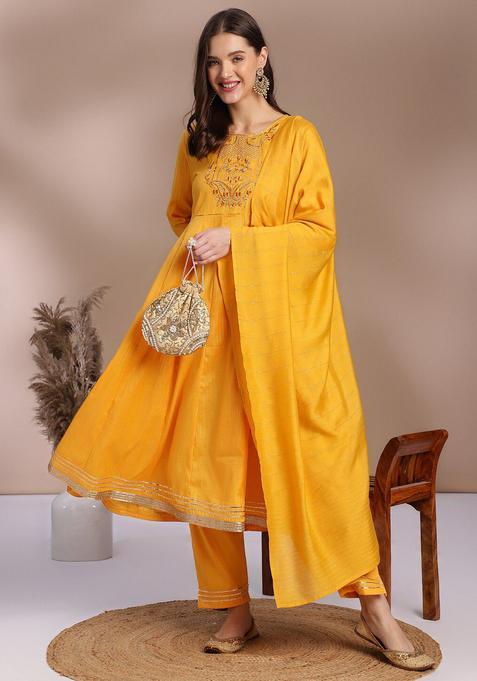 Yellow Embroidered Viscose Anarkali Set — view on Indya