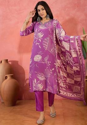 Lavender Printed Silk Kurta Set