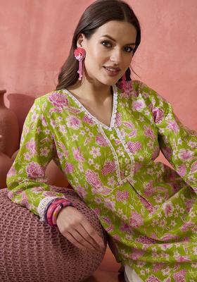 Green Printed Cotton Kurta Set