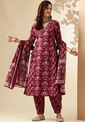 Magenta Printed Cotton Kurta Set
