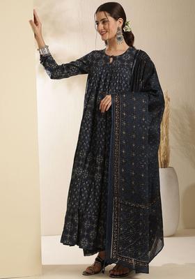 Navy Blue Printed Cotton Anarkali Set