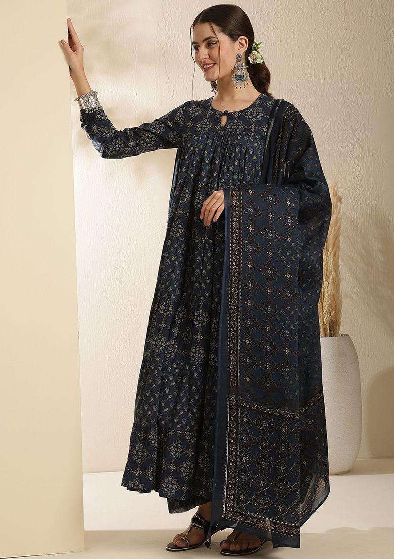 Navy Blue Printed Cotton Anarkali Set - Indya