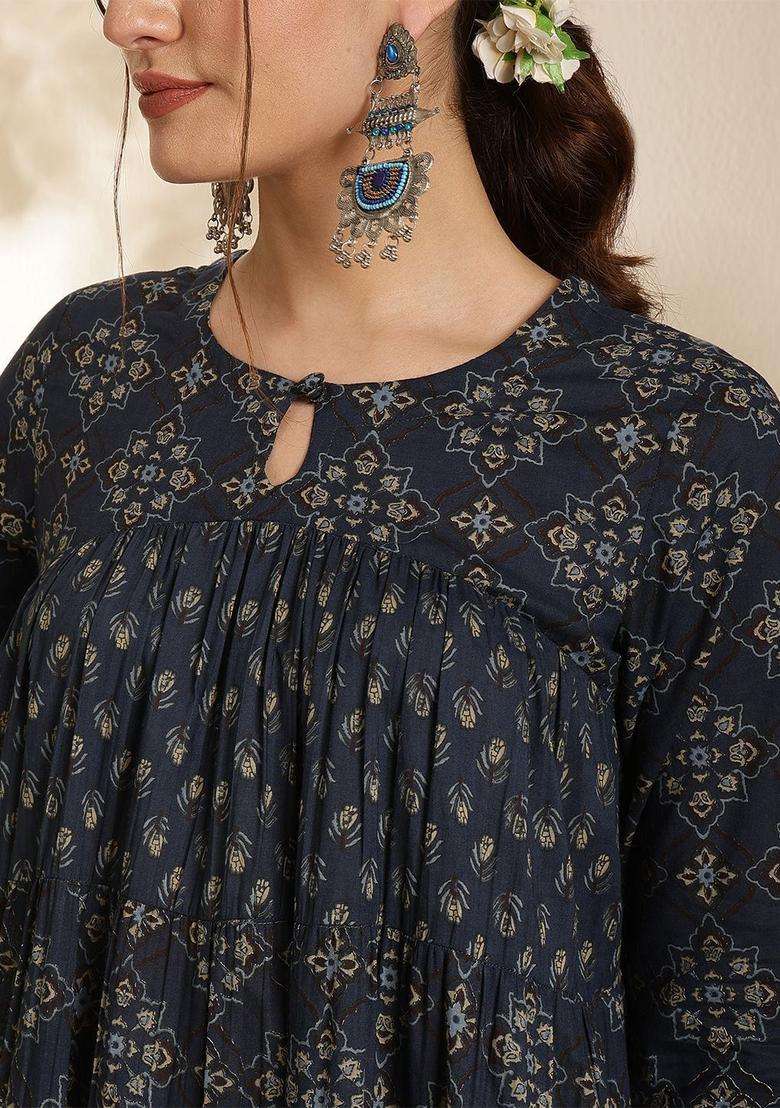 Navy Blue Printed Cotton Anarkali Set - Indya