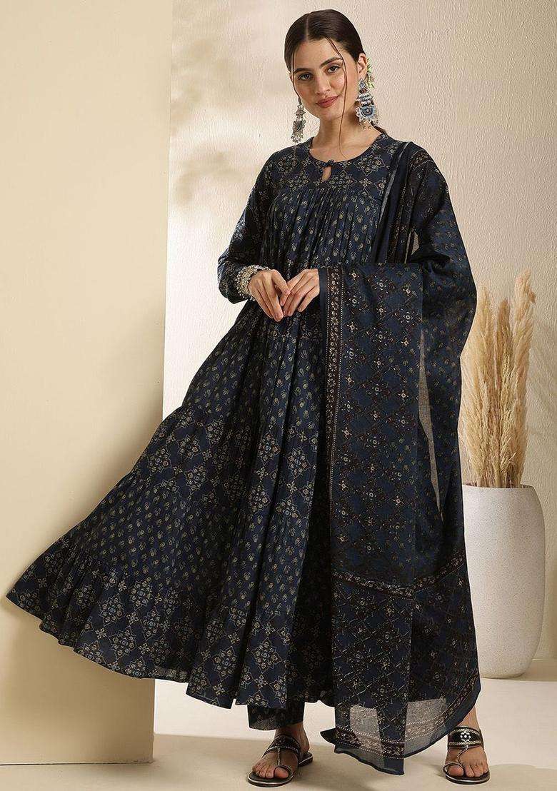 Navy Blue Printed Cotton Anarkali Set - Indya