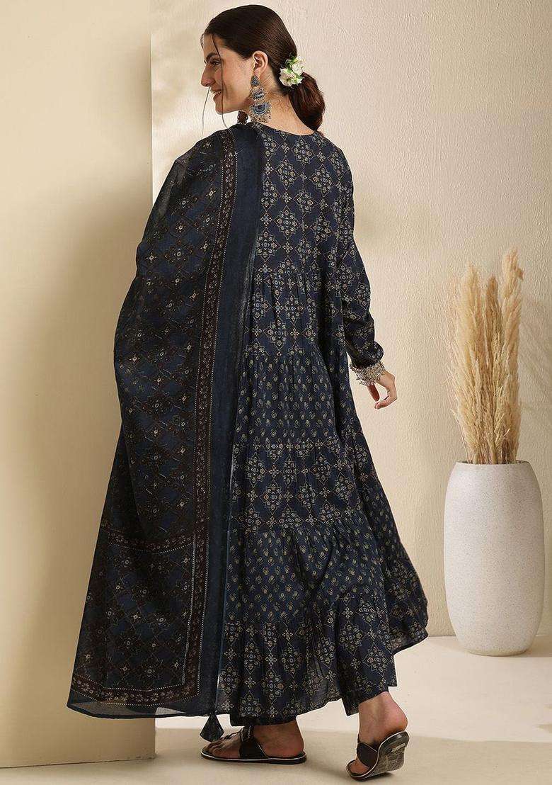 Navy Blue Printed Cotton Anarkali Set - Indya