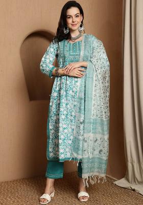 Turquoise Blue Printed Cotton Anarkali Set