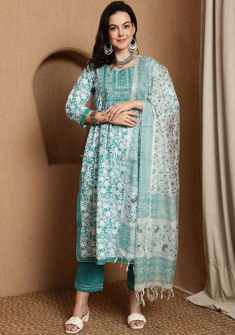 Turquoise Blue Printed Cotton Anarkali Set - Indya