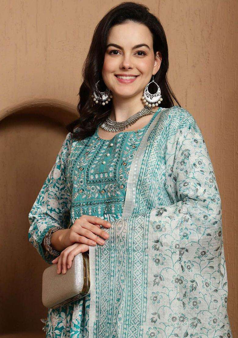 Turquoise Blue Printed Cotton Anarkali Set - Indya