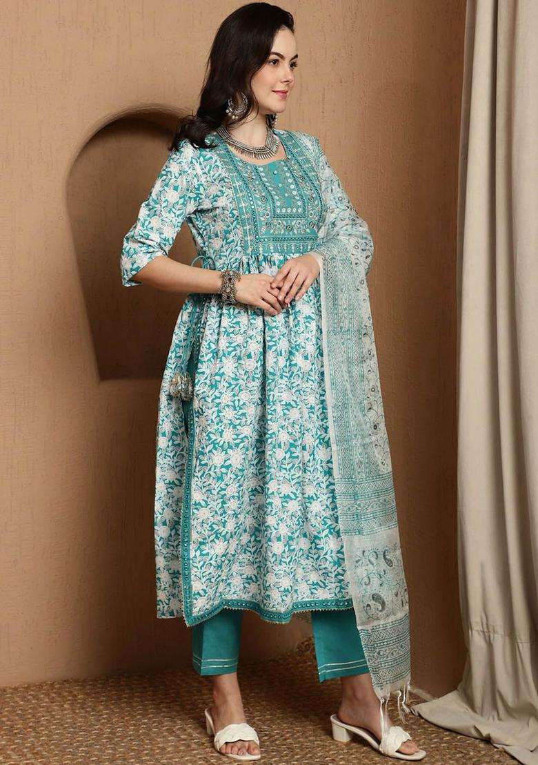 Turquoise Blue Printed Cotton Anarkali Set - Indya