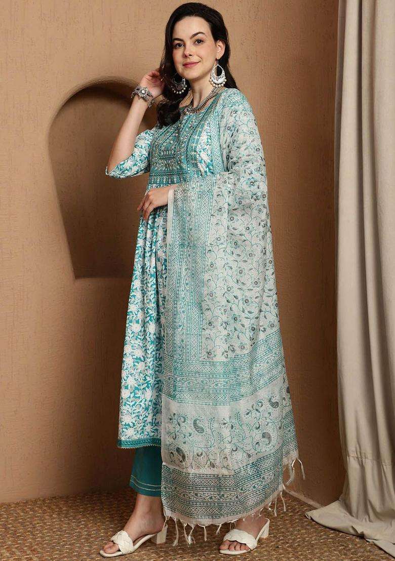 Turquoise Blue Printed Cotton Anarkali Set - Indya