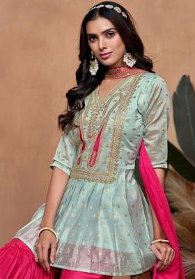 Blue Embroidered Silk Kurta Set