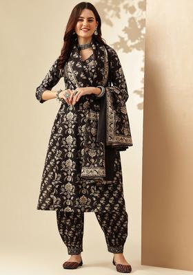 Black Printed Cotton Kurta Set
