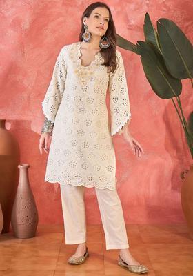 Cream Embroidered Cotton Kurta Set