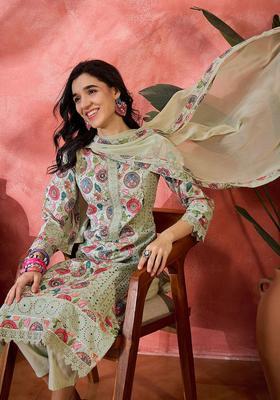 Green Printed Cotton Kurta Set