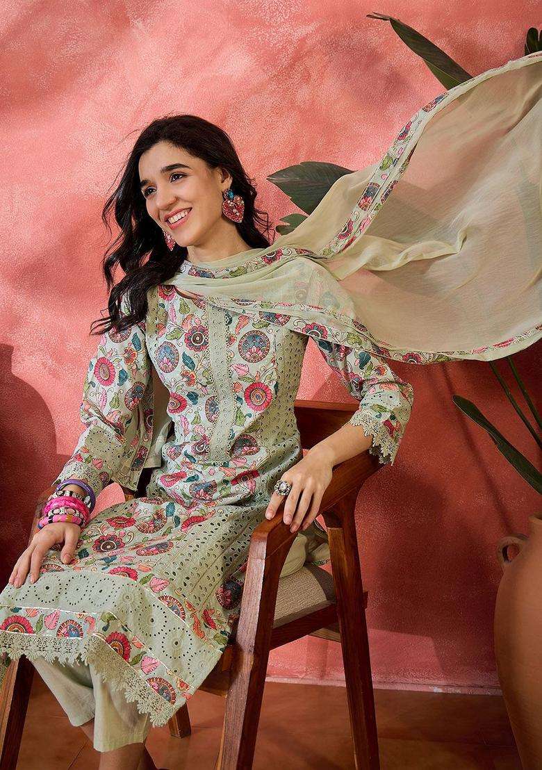Green Printed Cotton Kurta Set - Indya