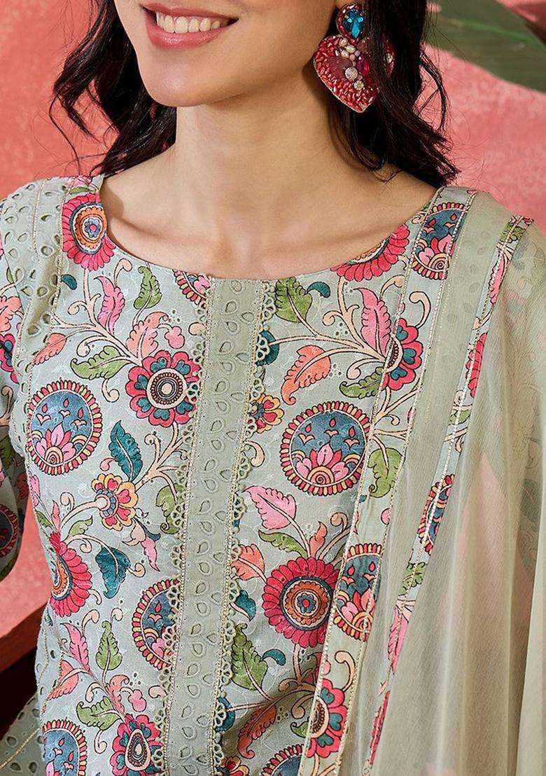 Green Printed Cotton Kurta Set - Indya