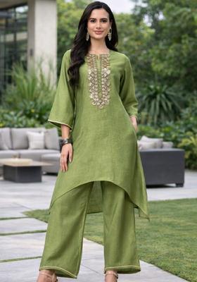 Olive Yoke Design Silk Kurta Set