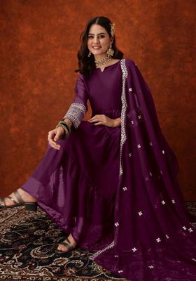 Purple Embroidered Georgette Anarkali Set