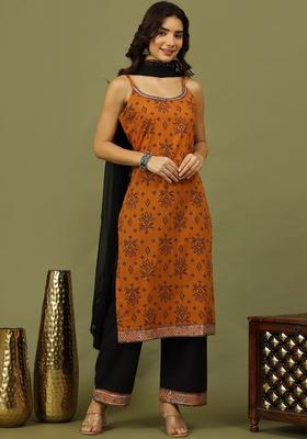 Rust Printed Cotton Kurta Set