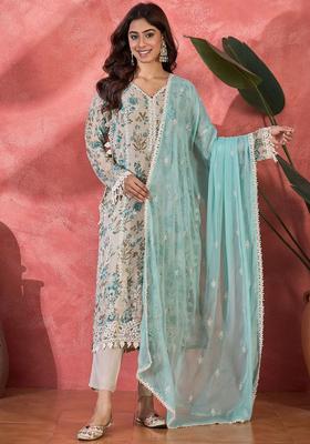 Grey Printed Organza Kurta Set