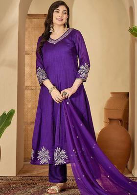 Purple Embroidered Silk Kurta Set