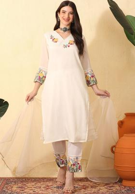 Off White Embroidered Chinon Kurta Set