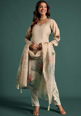 Beige Printed Cotton Kurta Set