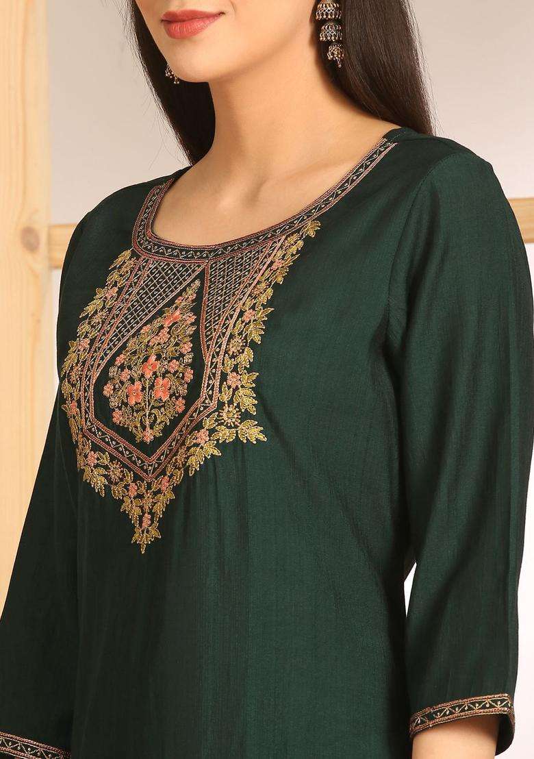 Green Embroidered Viscose Kurta Set - Indya