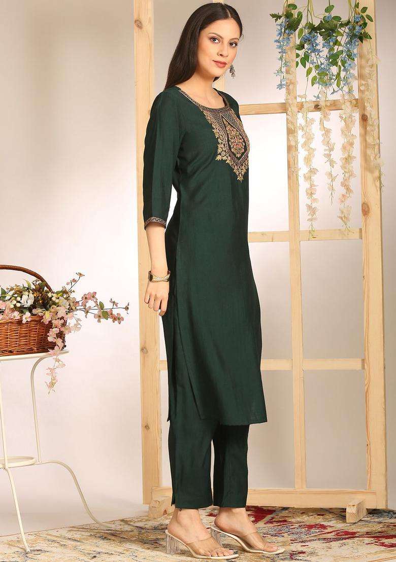 Green Embroidered Viscose Kurta Set - Indya