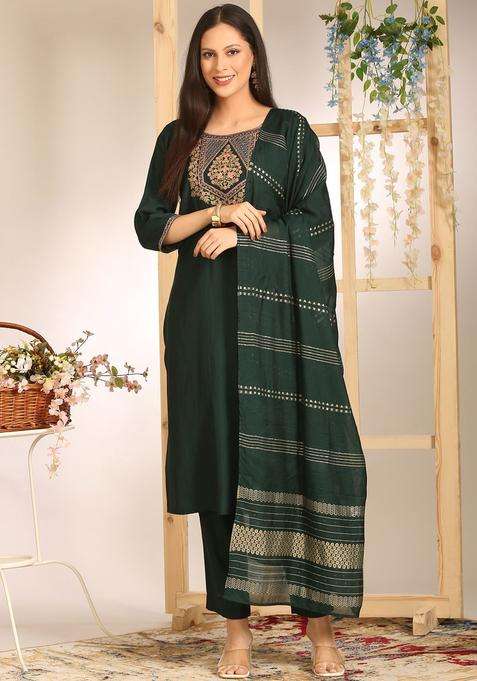Green Embroidered Viscose Kurta Set