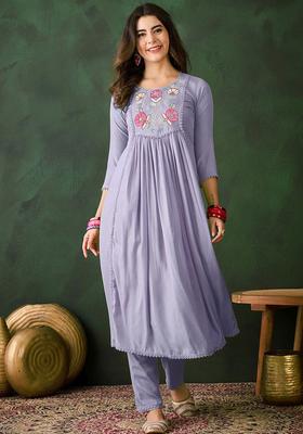 Grey Embroidered Chinon Kurta Set