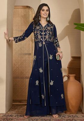 Navy Blue Embroidered Georgette Kurta Set