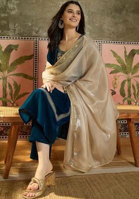 Teal Embroidered Velvet Kurta Set