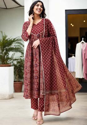 Maroon Printed Cotton Anarkali Set