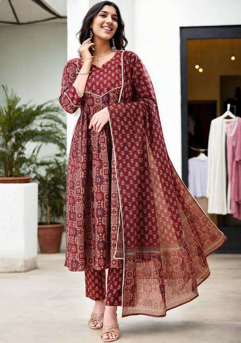 Maroon Printed Cotton Anarkali Set - Indya