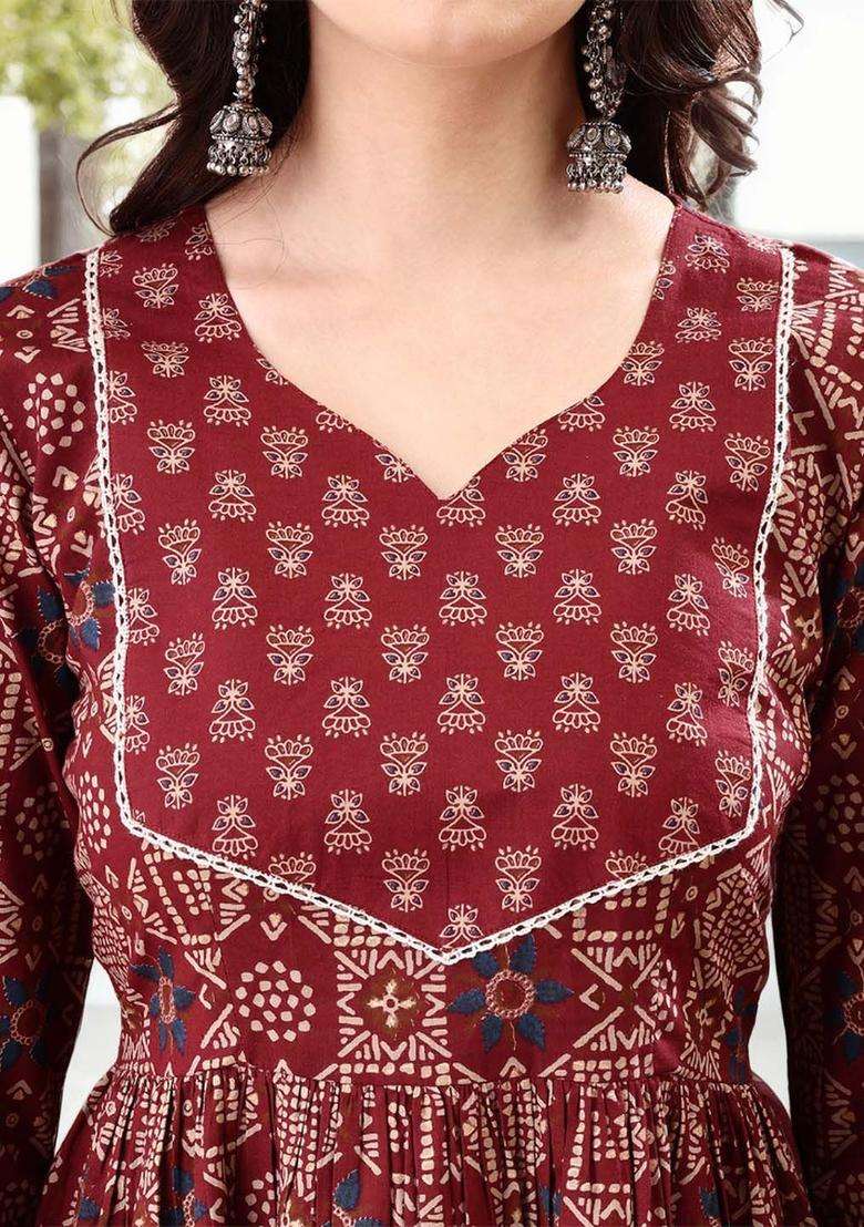 Maroon Printed Cotton Anarkali Set - Indya